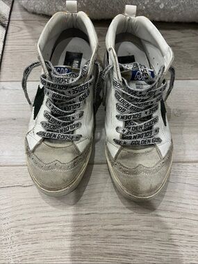 Golden Goose White Sneakers with Green Star and Beige Accents